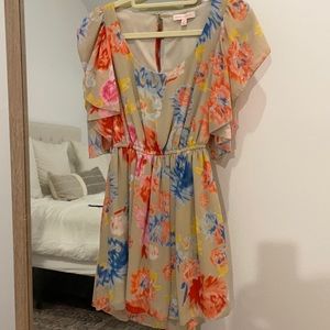 Taupe and Floral Flutter Sleeve Dress